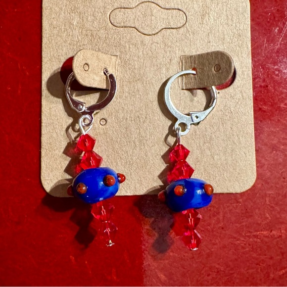 NEW Hand Crafted Blue & Red Lampwork Glass & Crystal Pierced Earrings - Picture 2 of 2